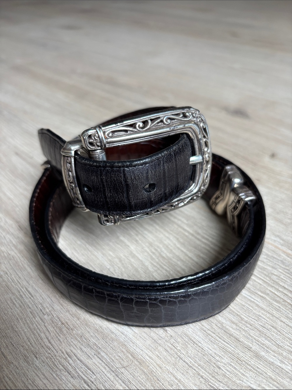 Black/Brown Reversible Croc-Embosses Leather Belt with Ornate Silver Buckle